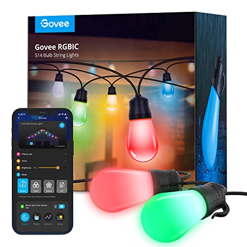 Govee Smart Outdoor String Lights with 15 Dimmable RGBIC LED Bulbs, 48ft IP65 Waterproof Shatterproof Patio Lights, Color Changing Warm White Lights with 40 Scene Modes for Balcony, Backyard