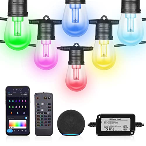 Queker 2023 Upgraded Outdoor String Lights, DIY Color Changing RGB Bright LED Smart Light 50ft Work with Alexa & Remote for Party, IP65 Waterproof Outside Patio String Light with 15 Dimmer LED Bulbs