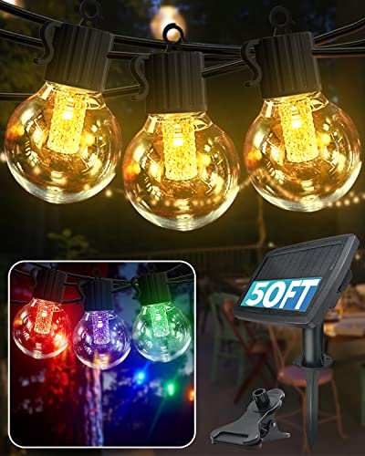 Solar Outdoor String Lights Warm White/Color Changing, 50FT Waterproof Patio Lights Solar Powered with 8 Modes 30 LED G40 Shatterproof Bulb, Solar String Lights for Outside, Patio, Yard, Party Decor