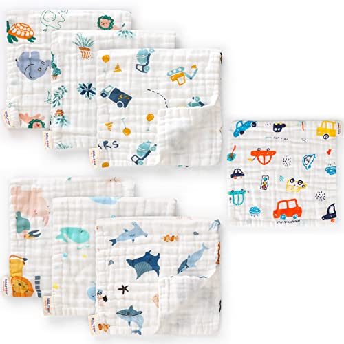 Maliton Muslin Baby Burp Cloths 6 Pack Large 20''x10'' 100% Cotton Burp Rags Absorbent and Soft 6 Layers Muslin Cloth Baby Essentials for Newborn(Zoo Pattern, Pack of 7)