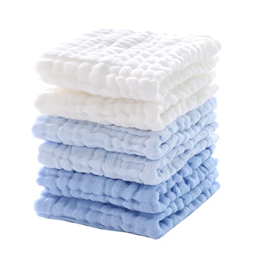 MUKIN Baby Muslin Washcloths - Soft Face Cloths for Newborn, Absorbent Bath Face Towels, Baby Wipes, Burp Cloths or Face Towels, Baby Registry as Shower. Pack of 6-12x12 inches (Blue)