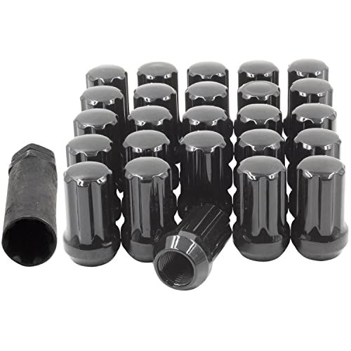 Wheel Accessories Parts 20 Pcs 14mm 1.50 Thread Lug Nuts Short Truck 7 Spline 1.5 Long Black Fits Chevy Camaro | Chrysler 300 | Dodge Charger Challenger | 2015+ Ford Mustang | 2021+ Jeep Wrangler