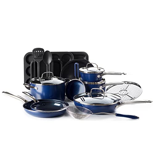 Blue Diamond Cookware Diamond Infused Ceramic Nonstick 20 Piece Cookware Bakeware Pots and Pans Set, PFAS-Free, Dishwasher Safe, Oven Safe, Blue