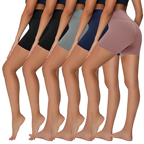 Sundwudu 5 Pack Biker Shorts for Women - 5 High Waist Soft Spandex Workout Shorts for Yoga Cycling Running Athletic