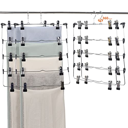 Fixwal Pants Hangers Space Saving, 4 Pack 5 Tier Anti-Rust Chrome Metal Skirt Hanger with Clips, 360 Swivel Hook, 5-on-1 Closet Storage Organizer for Clothes Leggings Trousers Skirts Ties Slacks Towel