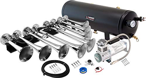 Vixen Horns Octopod Train Horn Kit for Trucks/Car/Semi. Complete Onboard System- 200psi Air Compressor, 3 Gallon Tank, 8 Trumpets. Super Loud dB. Fits Vehicles Like Pickup/Jeep/RV 12v VXO8330/8124XC