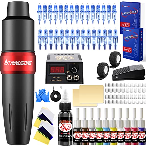 Complete Tattoo Pen Kit with 30 Tattoo Needles 11 Color Tattoo Inks Tattoo Power Supply Tattoo Foot Pedal Practice Skin for Professional Tattoo Artists and Beginners