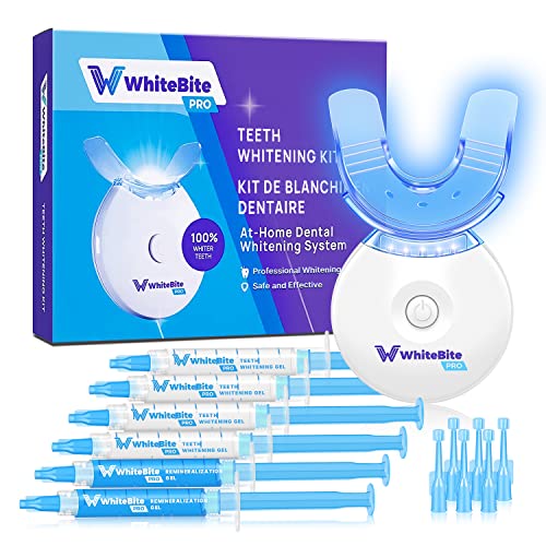 Whitebite Pro Teeth Whitening Kit for Sensitive Teeth with LED Light, 35% Carbamide Peroxide, (4) 3ml Gel Syringes, (2) Remineralization Gel and Mouth Tray