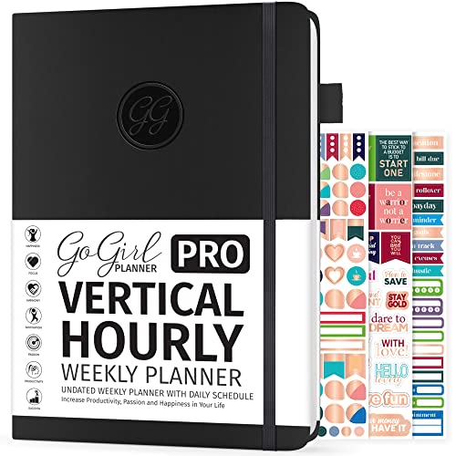 GoGirl Planner PRO Schedule - Undated Planner with Hourly Time Slots, Monthly, Weekly & Daily Organizer, Appointment Book for time Management, 7"x10" Hardcover, Lasts 1 Year - Black