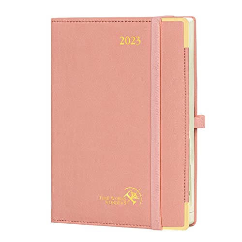 POPRUN 2023 Planner, Vertical Daily Weekly and Monthly Calendar, Agenda 6.5" x 8.5" with Tear-off Corner, Hourly Time Slots, Vegan Leather Hard Cover, FSC -Certified Paper, Pink