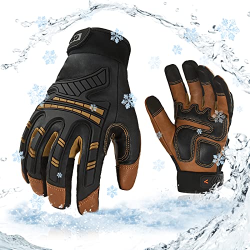 Vgo... 1-Pair -4 or above Winter Waterproof High Dexterity Heavy Duty Mechanic Glove, Rigger Glove, Anti-vibration, Anti-abrasion, Touchscreen (Size L, Brown, GA8954FW)