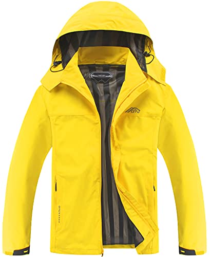 OTU Men's Lightweight Waterproof Hooded Rain Jacket Outdoor Raincoat Shell Jacket for Hiking Travel Bright Yellow S