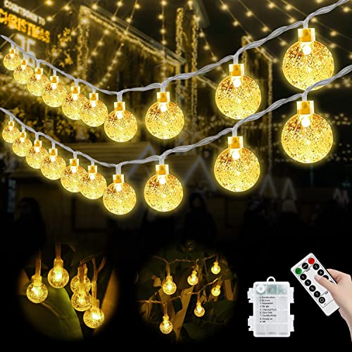 MDEDL Battery Operated String Lights Outdoor Indoor, 33FT 80LED Waterproof Crystal Mini Globe Fairy String Lights Christmas Decorative Lights with Remote Timer for Bedroom Patio Garden Canopy