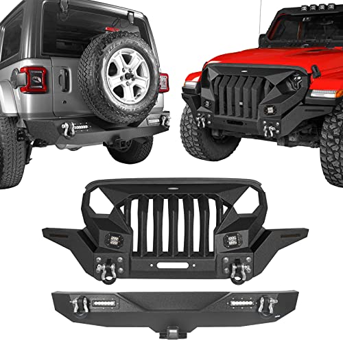 Hooke Road Mad Max Front Bumper (with Wings) & Rear Bumper for 2018-2023 Jeep Wrangler JL & Unlimited (Textured Black Steel)