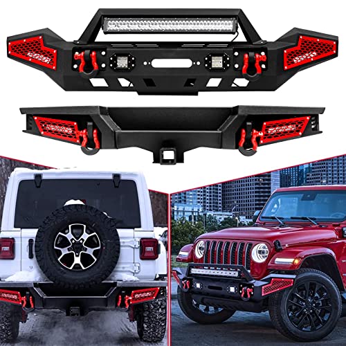 UTVJATV JL Bumpers Front + Rear Combo Fits Jeep Wrangler JL 2018-2023,Plate Steel bumper cover with light & D-Ring &winch plate& 2" Hitch Receiver,Textured Black