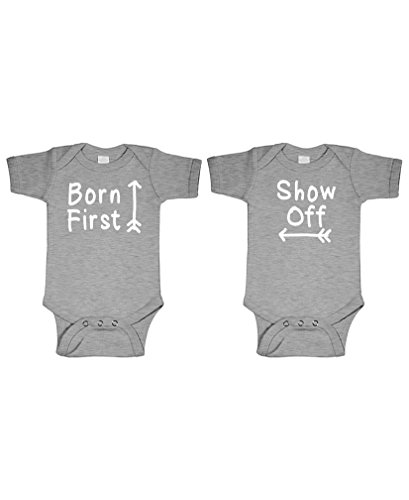 Live Nice BORN FIRST - SHOW OFF! - twins siblings - TWO Infant Bodysuit COMBO, NB, Sport