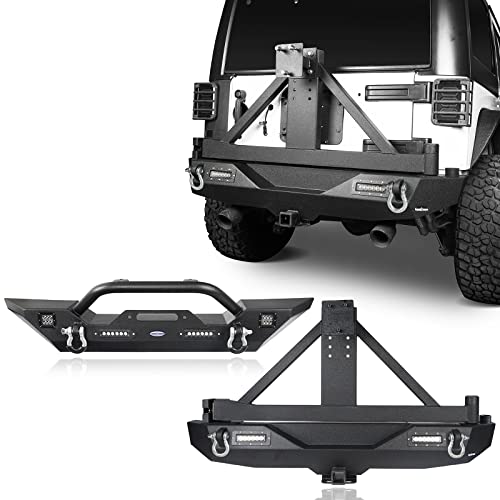 Hooke Road Offroad Front Bumper + Rear Bumper w/Tire Carrier Kit for 2007-2018 Jeep Wrangler JK & Unlimited 2/4 Doors