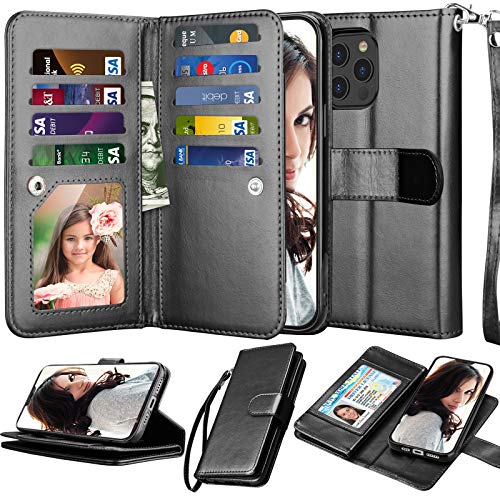 Njjex Compatible with iPhone 12 Case/iPhone 12 Pro Wallet Case 6.1 inch (2020), [9 Card Slots] PU Leather ID Credit Holder Folio Flip [Detachable] Kickstand Magnetic Phone Cover & Lanyard [Black]