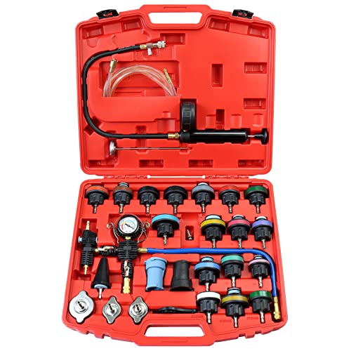 JIFEHO 28PCS Auto Cooling System Pressure Tester and Coolant Refill Tool Kit, Automotive Radiator Leak Test Hand Pump & Pneumatic Vacuum Type Filling Filler Tool Set for Car Truck Airlift, Red Case