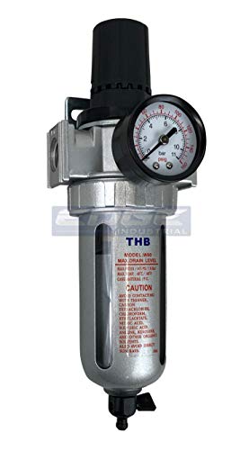 IN-LINE COMPRESSED AIR FILTER REGULATOR COMBO PIGGYBACK, POLY BOWL AND METAL BOWL GUARD, 5 MICRON ELEMENT, ADJUSTABLE FROM 7 TO 145 PSI (3/8" NPT)