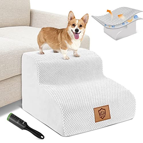 Kphico High Density Foam Dog Stairs 2 Tiers,11.8" High Non-Slip Dog Ramp with Washable Cover,Best for Dogs Injured,Older Cats,Pets with Joint Pain,Send 1pcs pet Hair Remover Roller