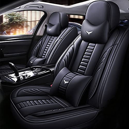 Full Set of Universal Fit Automotive Seat Covers fit for Hyundai Santa Fe Sport 2014-2018, PU Leather Automobile Interior Sets with Headrest & Back Pillow Black & Black Line