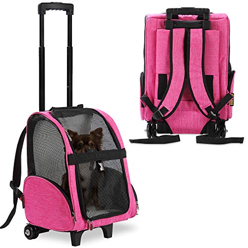 KOPEKS Deluxe Backpack Pet Travel Carrier with Double Wheels - Heather Pink - Approved by Most Airlines