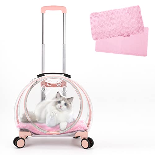 TripleHare Transparent & Fully Breathable Pet Carrier Backpack with Trolley Wheels for Dogs, Cats, Parrots or Bunnies, Multiple Carrying Options, Perfect for Traveling/Taking a Walk (Pink)