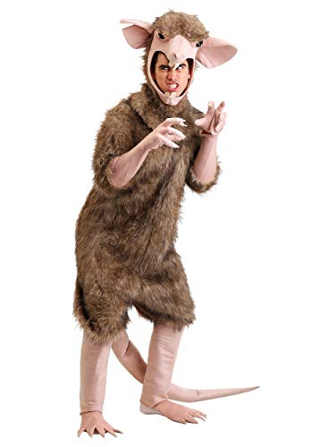 Furry Sewer Rat Costume with Long Tail, Headpiece and Foot Covers Large Brown