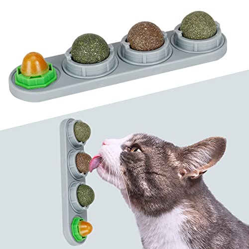 SINROBO Catnip Ball for Cats Wall, 4 Pack Catnip Toys, Silvervine Balls, Edible Kitty Toys for Cats Lick, Safe Healthy Kitten Chew Toys, Teeth Cleaning Dental Cat Toys, Cat Wall Treats (Grey)