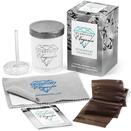 Everyday Elegance Silver Jewelry Cleaner Solution Complete Kit with Polishing Cloth & Basket for Sterling Jewelry, Coins - 6 Ounce