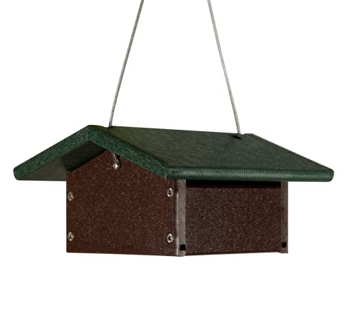 JCs Wildlife Recycled Upside Down Single Suet Feeder Brown W/ Green Roof - 2 Suet Cake Capacity - Keeps Cakes Dry - Made in The USA