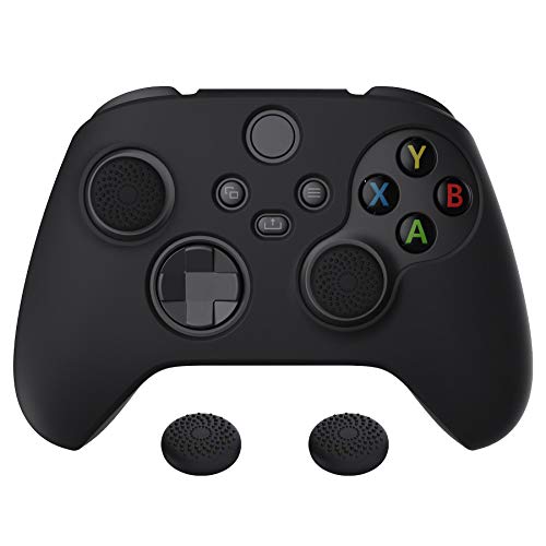 PlayVital Black Pure Series Anti-Slip Silicone Cover Skin for Xbox Series X Controller, Soft Rubber Case Protector for Xbox Series S Controller with Black Thumb Grip Caps