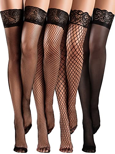 Bencailor 4 Pairs Fishnet Thigh High Stocking Silicone Lace Top Sheer Over Knee Stocking Silky Stockings for Women (Black, Large)