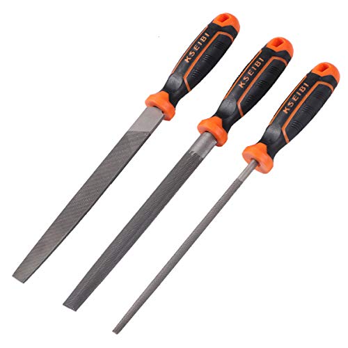 KSEIBI 311485 Metal File Set, 3Pcs Kit, High Carbon Steel Blade W Soft-Grip Rubber Handle Includes Square Flat File, Half Round File, Round Files 8 Inch, Ideal for Wood and Metal Applications