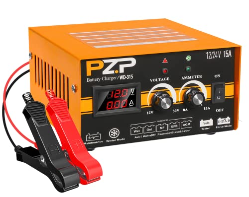 PZ.P 12V 24V Battery Charger Automotive, 12 Volt 24 Volt Car Truck Motorcycle RV Boat Marine Automobiles Battery Charger Maintainer, Manual Deep Cycle Lawn Mover AGM Trickle Charger 0-15A