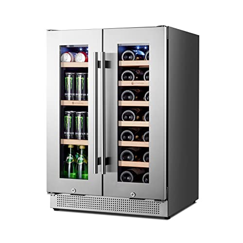 WINEBOSS 24" Wine and Beverage Refrigerator Dual Zone 18 Bottles and 57 Cans 24 inch Wine Cooler Under Counter Wine Cellar Beverage Fridge Built in Freestanding with Glass Door for Beer Soda Drink Bar