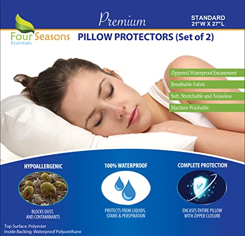 Four Seasons Essentials Standard Pillow Protectors (Set of 2)  Zippered Waterproof Pillow Covers Hypoallergenic Dust Proof Pillowcase Encasement Cover
