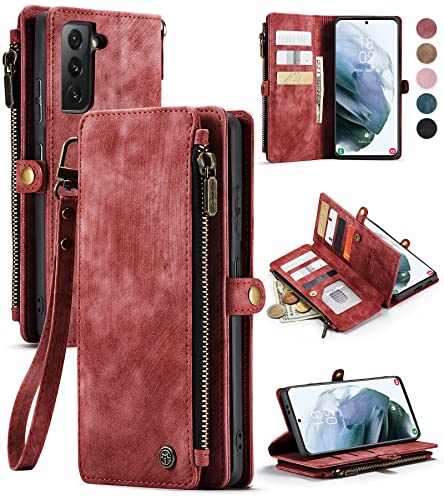 Defencase Samsung S21 Case, Samsung Galaxy S21 Case Wallet for Women Men, Durable PU Leather Magnetic Flip Lanyard Strap Wristlet Zipper Card Holder Phone Case for Samsung Galaxy S21 5g (6.2"), Red