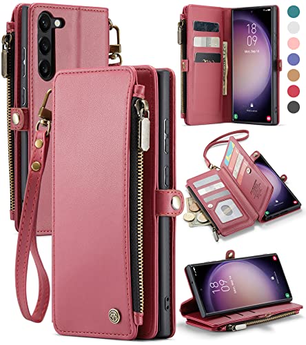 Defencase Samsung Galaxy S23 Plus/ S23+ Case, Samsung S23 Plus Wallet Case for Women Men, RFID Blocking Leather Magnetic Flip Strap Zipper Card Holder Phone Case for Galaxy S23 Plus, Fashion Rose Red