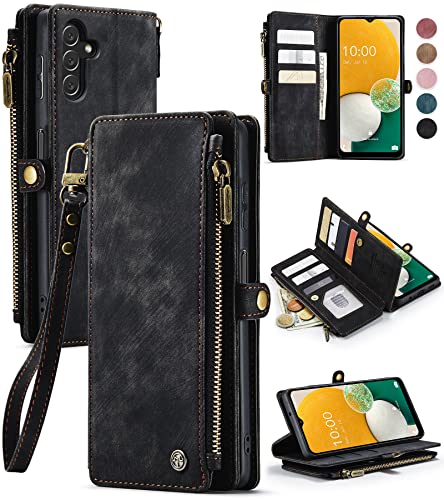 Defencase Samsung A13 Case, Galaxy A13 5G Case Wallet for Women Men, Durable PU Leather Magnetic Flip Lanyard Strap Wristlet Zipper Card Holder Wallet Phone Case for Samsung Galaxy A13 5G, Black