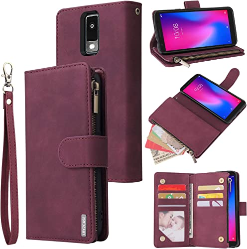 LBYZCASE Wallet Case for Blu View 3/B140DL with Card Slots[RFID Blocking],Flip Folio Leather Zipper Purse Protective Phone Cases Cover with Lanyard Wrist Strap Kickstand for Blu View 3 (Wine Red)