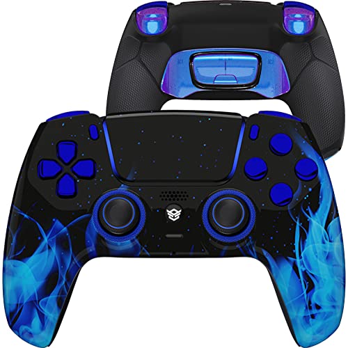 HEXGAMING HEX ULTIMATE 4 Mappable Back Buttons & Replaceable Thumbsticks & Hair Trigger Black Rubberized Grip Compatible with ps5 Pro Custom Controller PC Wireless FPS eSport Gampad - Blue Flame