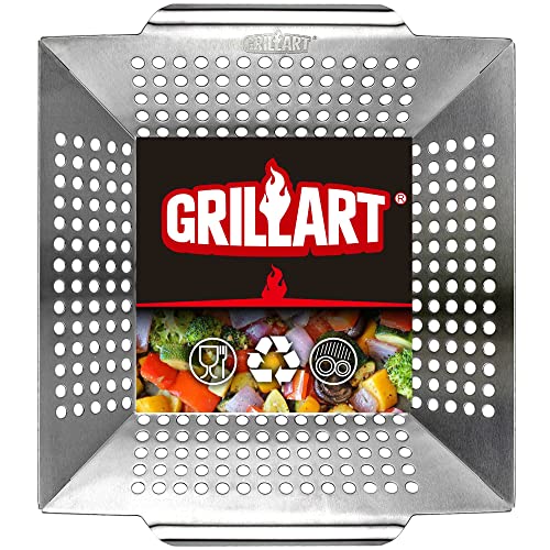 GRILLART Grill Basket Heavy Duty -Large Grill Baskets for Outdoor Grill Vegetables -Stainless Steel Veggie Grilling Basket/Pan - Lasting Grill Vegetable Basket BBQ Grill Accessories, Gifts for Dad Men
