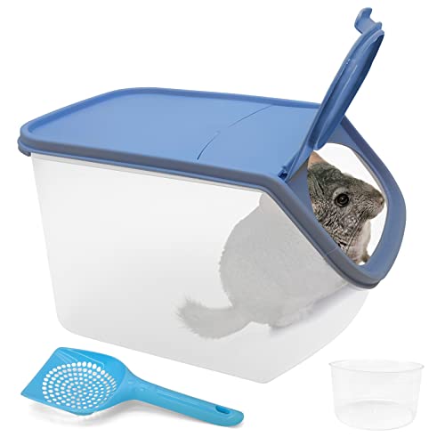 BNOSDM Chinchilla Sand Bath Container Chinchilla Dust Bath Tub Transparent Hamster Toilet Shower Room Plastic Hamster Bathroom Kit with Sand Cup&Scoop for Gerbil Hedgehog Squirrel (Blue)