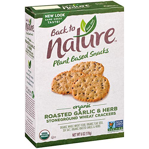 Back to Nature Organic Stoneground Wheat Crackers, Roasted Garlic & Herb - Dairy Free, Non-GMO, Made with Whole Grains & Flax Seed, Delicious & Quality Snacks, 6 Ounce