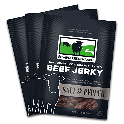 Original Stemple Creek Ranch Beef Jerky, 100% Grass-Fed, Gluten Free, No-Sugar, 4 Clean Ingredients, 3 Ounces (Salt & Pepper, 3-Pack)