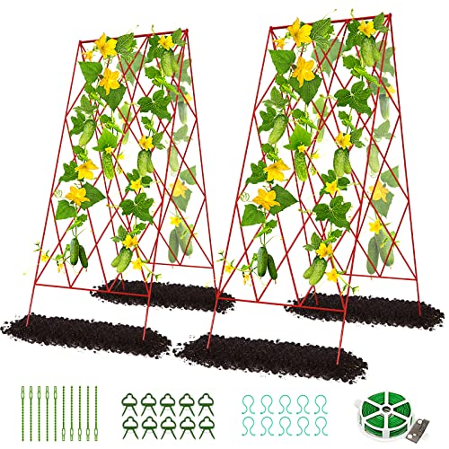 Cucumber Trellis, 2 Pack Metal Foldable A Frame Garden Trellis for Raised Bed Climbing Plants, Vegetables, Includes Plant Support Clips, Twist Ties, Plastic Ties, A Frame Trellis, Red