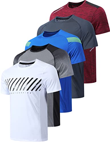5 Pack Mens Active Quick Dry Crew Neck T Shirts | Athletic Running Gym Workout Short Sleeve Tee Tops Bulk (Set 2, Large)