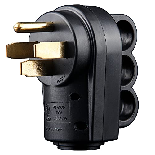 VOGREX NEMA 14-50P RV Replacement Male Plug, 125/250V 50 Amp with Disconnect Handle, Black